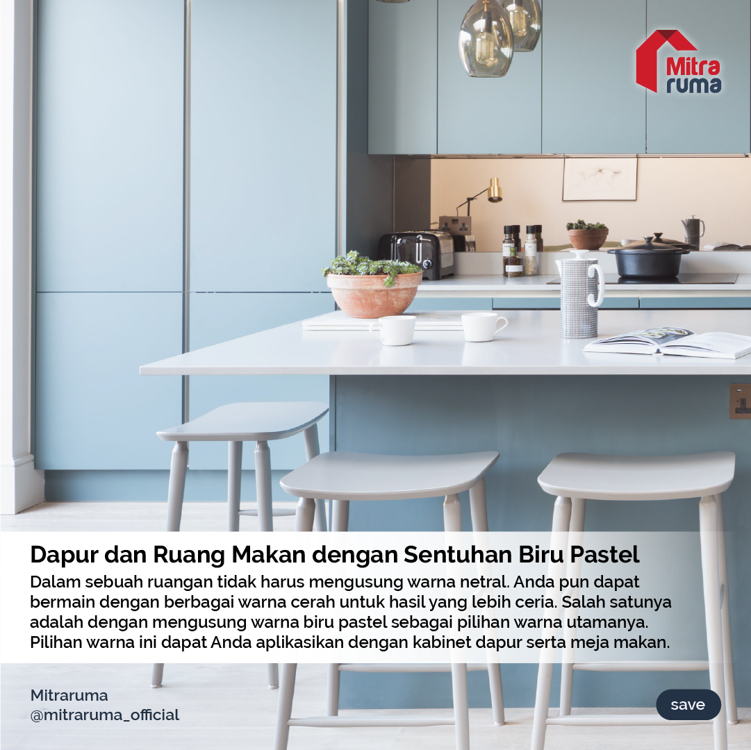 contoh dapur dan ruang makan dengan sentuhan biru pastel